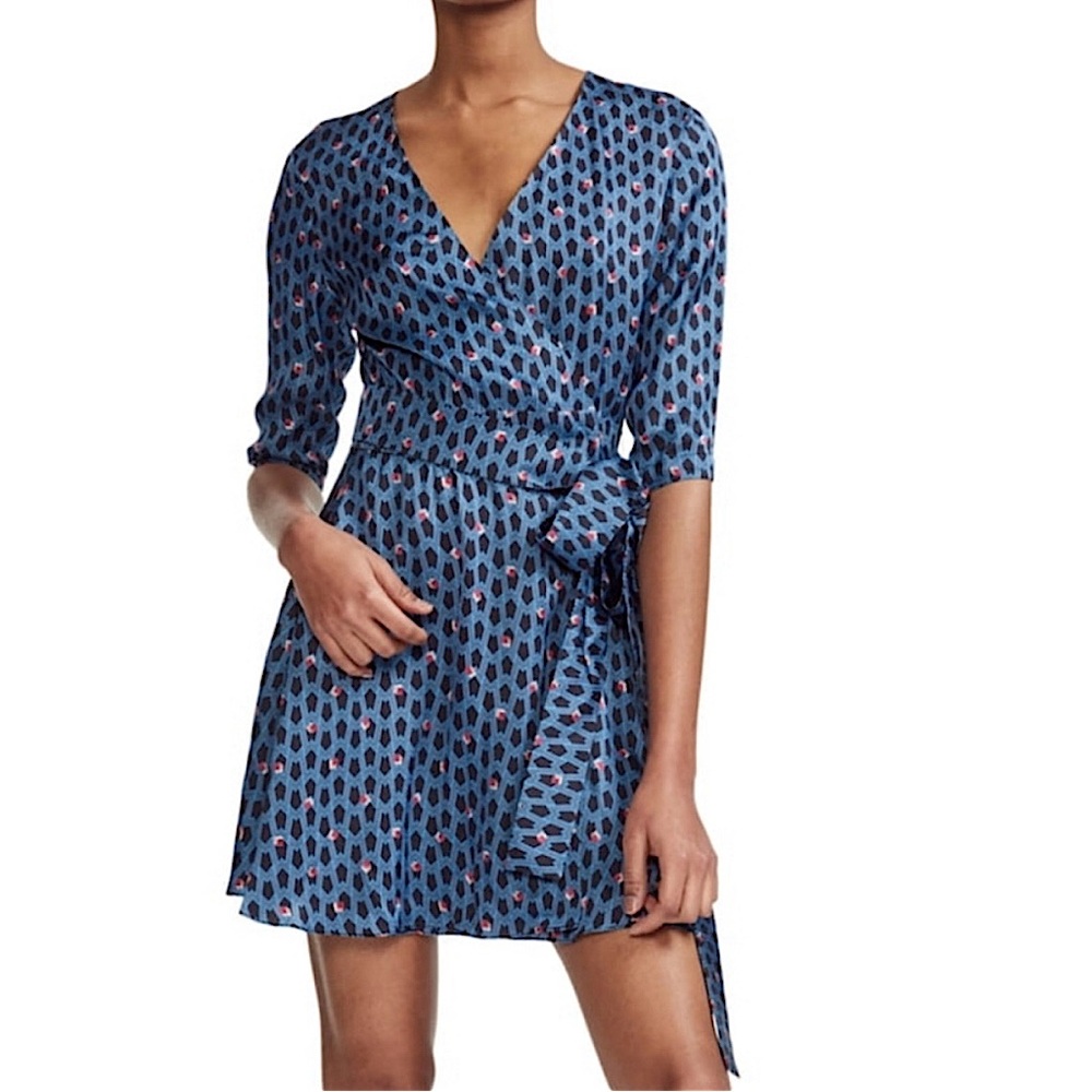 Maje Reanny V Neck Printed Wrap Dress Blue Women’s‎ Size Small